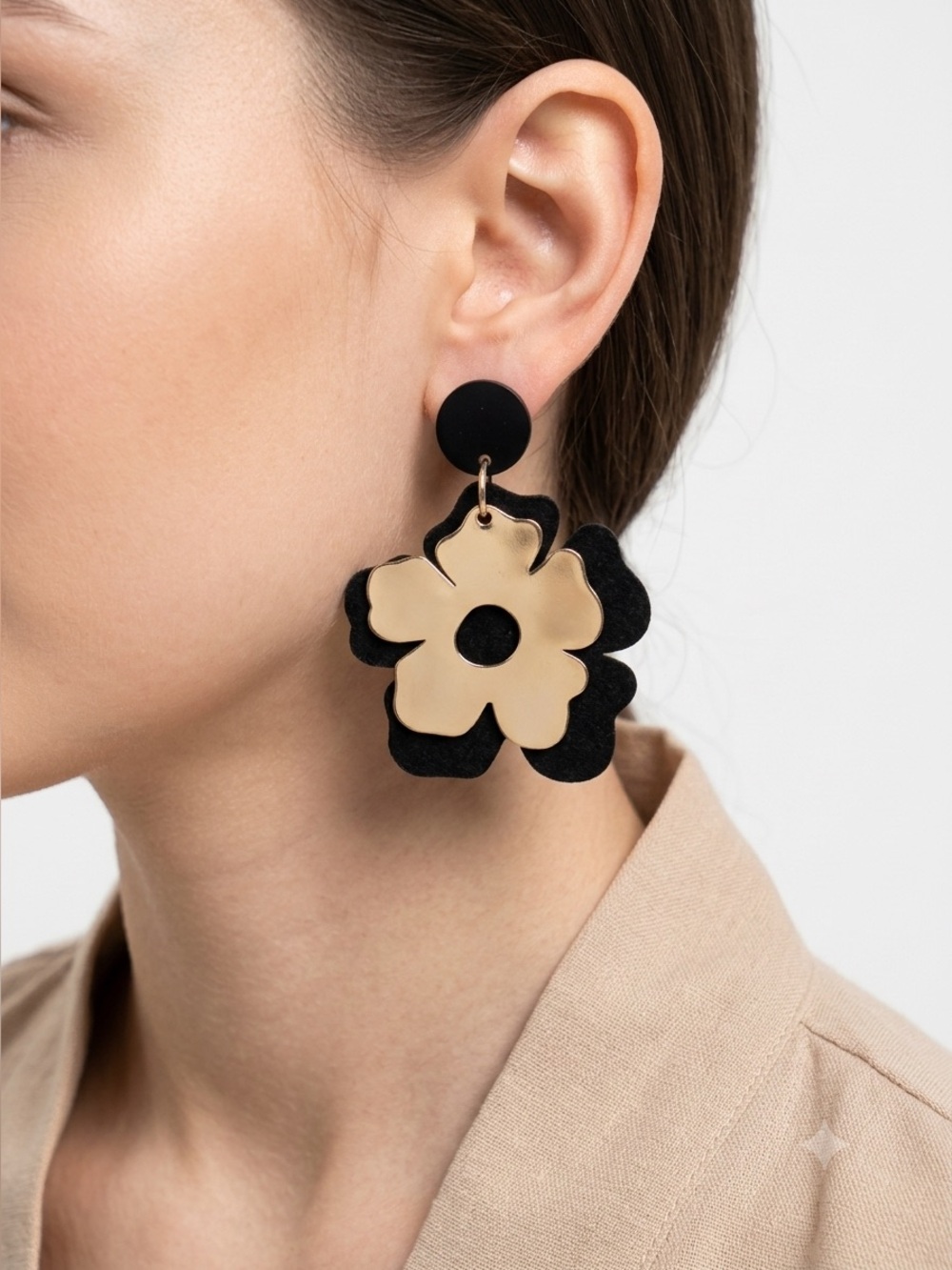 True To Form Black Gold Flower Dangle Earrings Layered Stud Drops